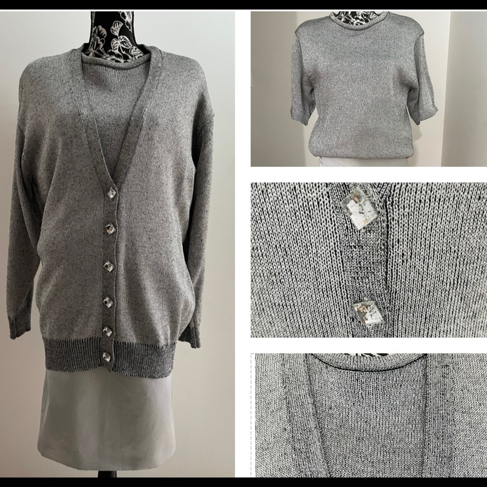 LESLIE FAY TWINSET SILVER METALLIC SWEATERS WITH RHINESTONE LOOKING BUTTONS